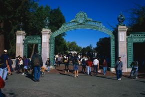 Berkeley campus' iconic Sather Gate in the late 20th century