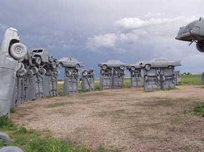 Jim Reinders and his family arranged old cars, painted gray, to match theconfiguration of Stonehenge.