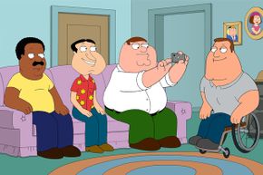 Characters from the animated show 'Family Guy' sit on a couch in a living room.