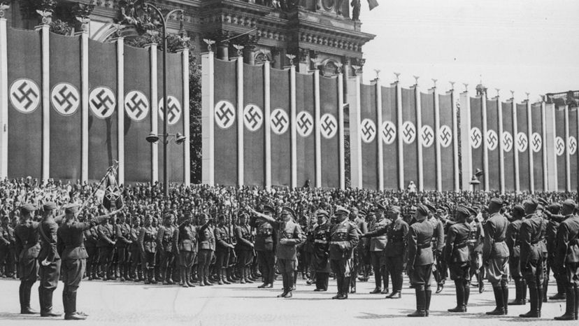 German dictator Adolf Hitler greets the Condor Legion, the air force and army of Nazi Germany, which served with the Nationalists during the Spanish Civil War of July 1936 to March 1939. Public Domain