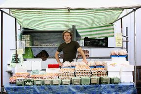 A stall at the Marylebone Farmers' Market sells farm-fresh eggs.