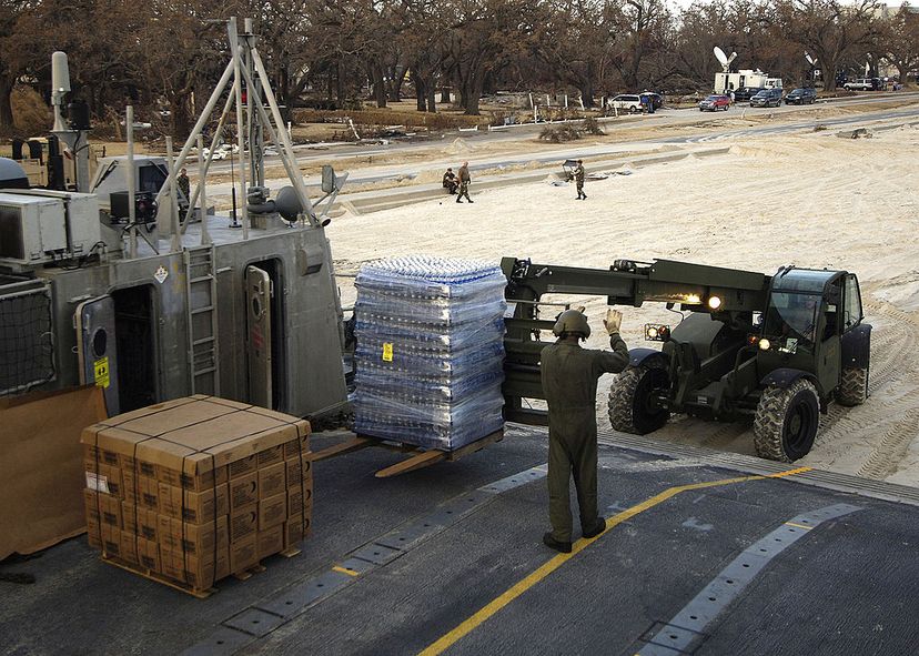 unloading water from a ship for hurricane disaster relief fema