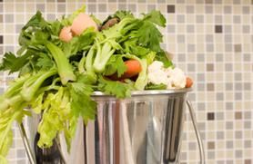 Egg and vegetable scraps in a bucket for composting.