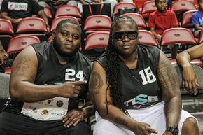 Jerome Jackson and Bernice Brunson of &quot;South Beach Tow&quot; participate in a celebrity basketball game. In real life Bernice was an actor and phys-ed teacher and not an employee of the tow company.