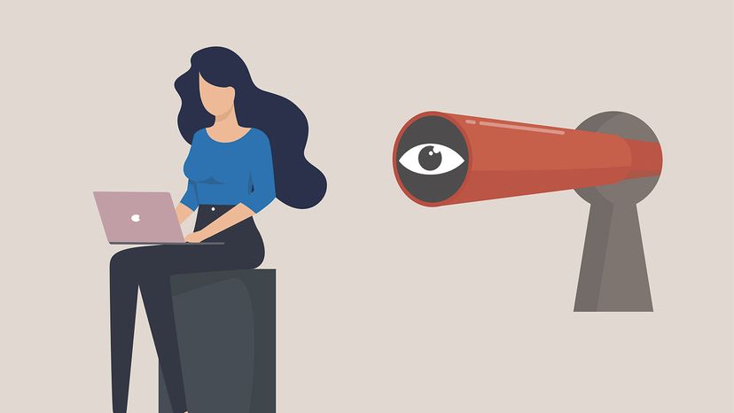 illustration of woman at laptop followed by big eye