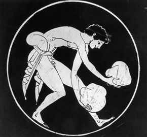 A vase from around 450 B.C. shows an Olympic athlete using heavy stones for weightlifting.