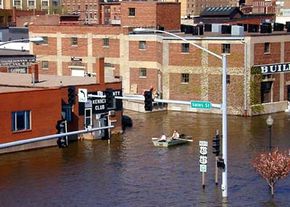 Heavy rains in the spring of 2001 flooded Davenport, Iowa. Until the waters subsided, locals had to get around town by rowboat.