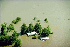 Flooding of farmland in Missouri. Heavy rain in the spring and summer of 1993 flooded areas throughout the midwestern United States, leading the federal government to declare 500 counties in nine states as major disaster areas.
