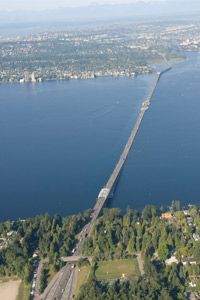 This is the Albert D. Rosellini Bridge - Evergreen Point in Washington State. It’s the longest floating bridge in the world and is slated for replacement by an even bigger and hardier bridge. See more bridge pictures.
