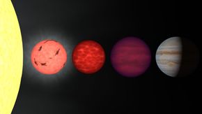 Using this artist’s rendition as a guide, you can see why some scientists still debate what distinguishes a small brown dwarf from a large planet. From left to right, this image depicts our sun, a very cool star, a warm brown dwarf, a cooler brown dwarf and Jupiter.