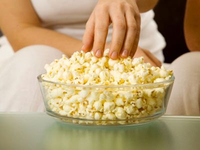 glass bowl of popcorn