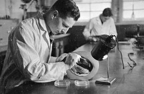 A scientist working in a lab in the 1940s