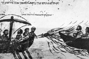In this 12th-century manuscript, the Byzantine navy fights an enemy vessel with 'Greek Fire' circa 900 C.E. 