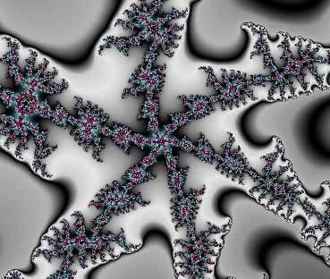 Six-armed fractal in gray, white, turquois and magenta