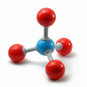 表示一个甲烷分子,蓝色球体表示碳和四个红色球体代表氢”border=