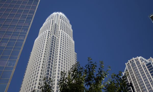 Blue built structure: skyscraper architecture.