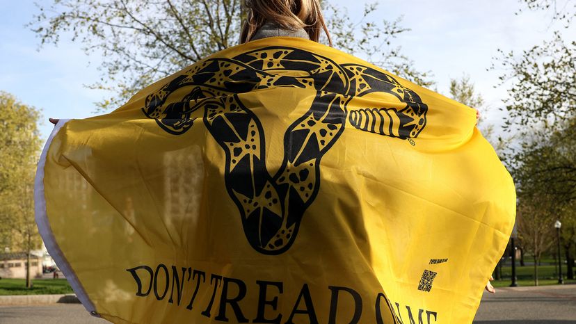 woman wears a flag reading "Don't Tread on Me" with a snake in the shape of a uterus