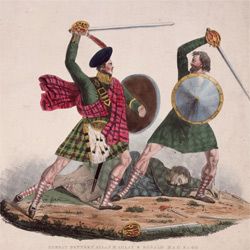 Two men dueling with swords