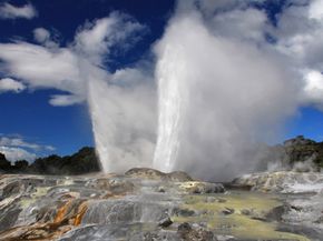The Pohutu Geyser in New Zealand erupts with a natural blast of the Earth's interior heat.
