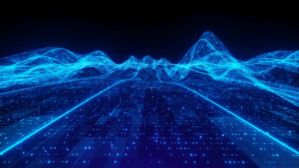 Digital generated image of blue glowing data over landscape.