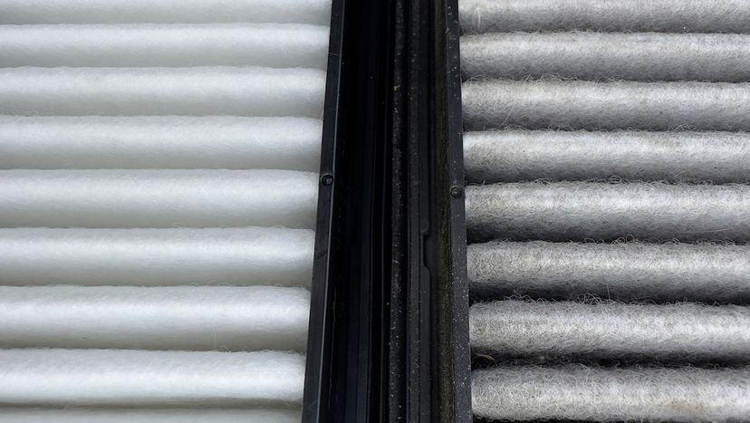 Clean air filter on the left vs. one covered in dust and hair on the right