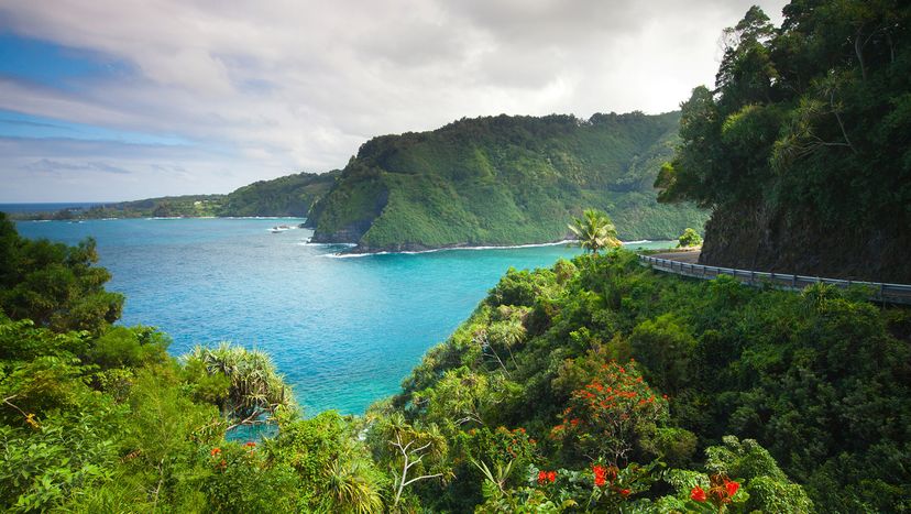 Winding road on lush green mountains beside blue ocean and cloudy skies