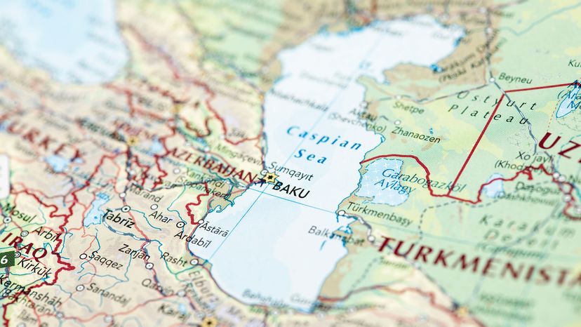 Map of Caspian Sea, focus on Baku, Azerbaijan, and the surrounding area