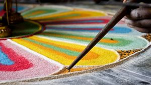 close-up of making a mandala with colored sand