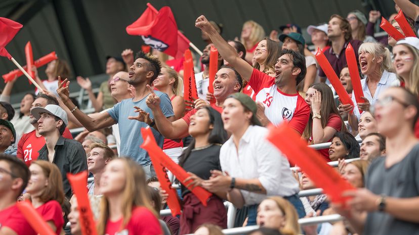 Sports fans excited in stadium seats