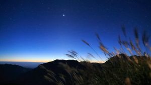 Dusk view of a horizon with Sirius shining brightest in the sky