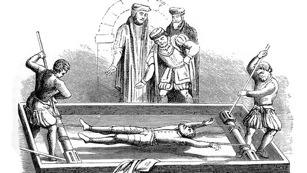 Vintage engraving from 1876 showing a man being tortured on the Rack.