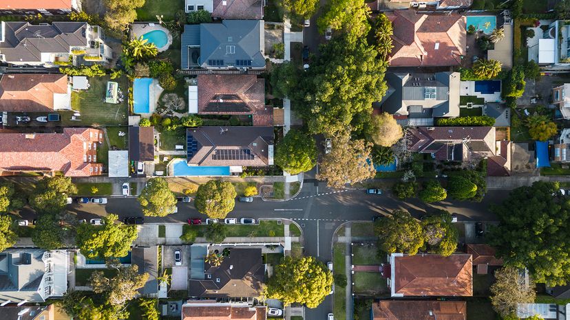 Top down view of luxury houses in the wealthy Bondi district in Sydney, Australia