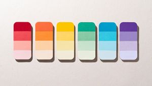 red, orange, yellow, green, blue, and purple paint chips