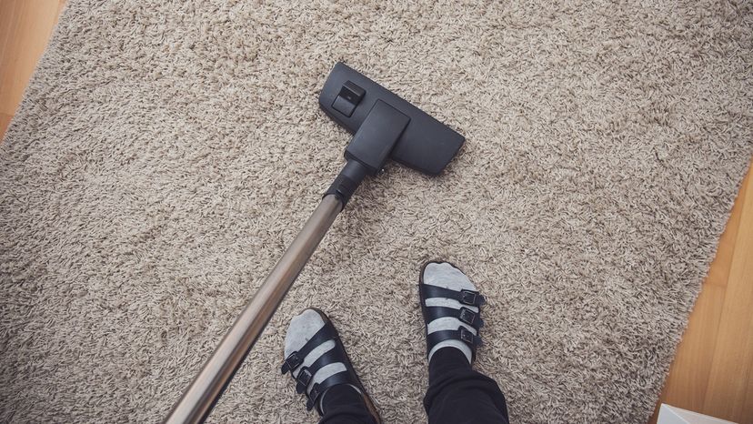 Overhead view of a person vacuuming a gray carpet