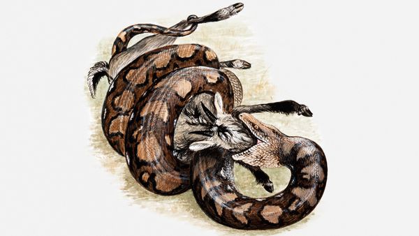 Drawing of a snake wrapped around a goat and swallowing the animal head first