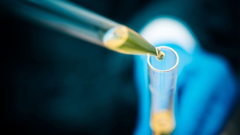 Laboratory technician using a pipette to fill a solution in a test tube, close-up.