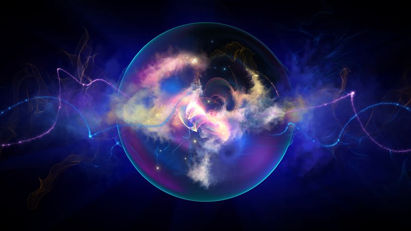 Digital illustration of a sphere with a cosmic background