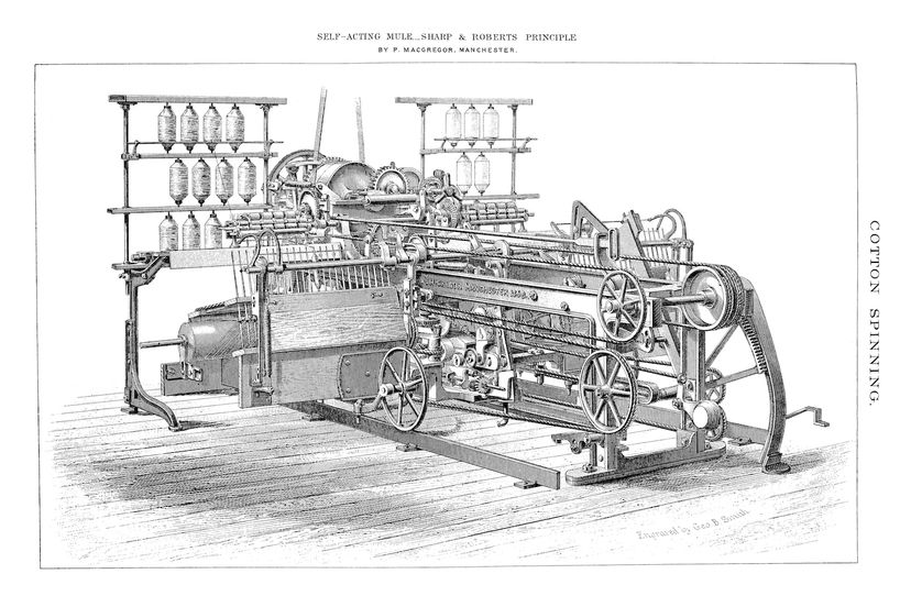 An illustration of a spinning mule that was used to process cotton during the Industrial Revolution