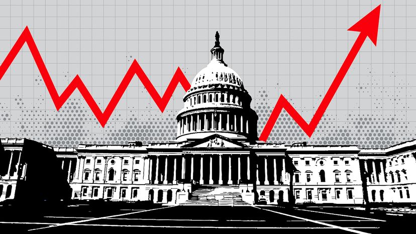 black and white illustration of DC capital building with red line chart