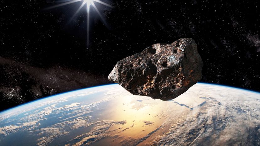 Digital illustration of an asteroid approaching Earth