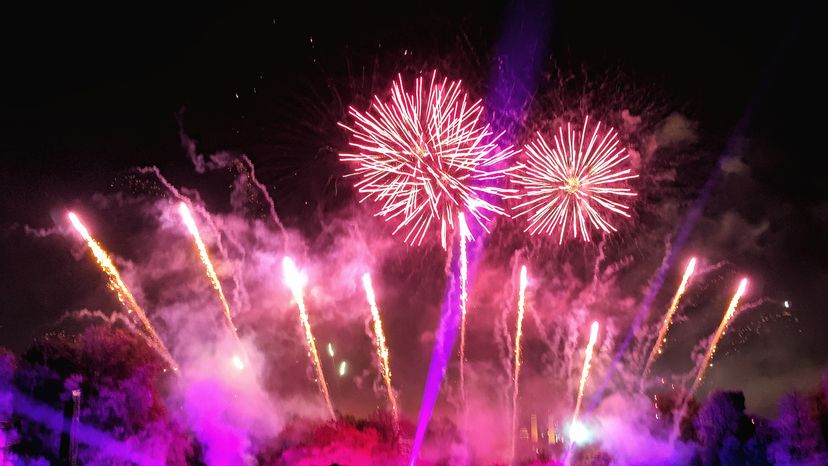 Pink and purple fireworks against a black sky