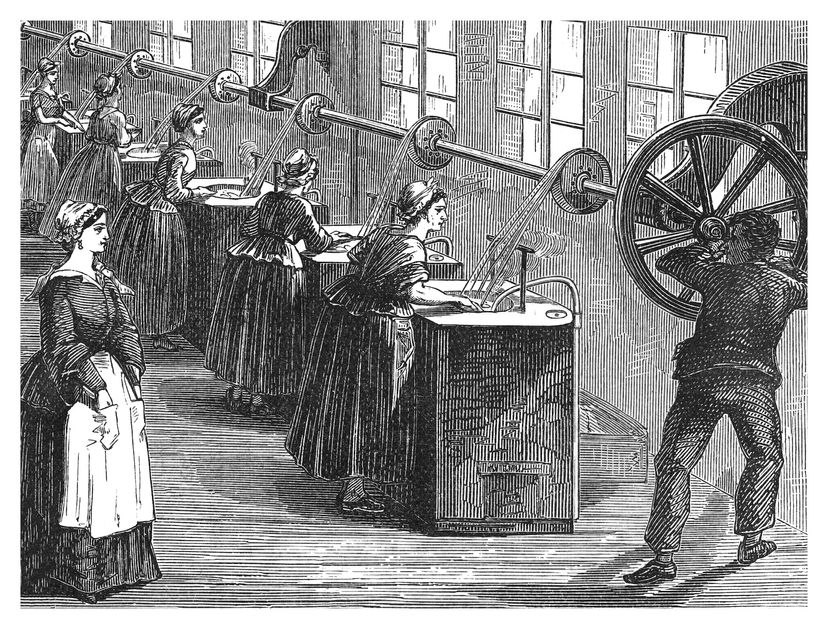 In this illustration, women weave silk threads into reams of fabric in a factory environment.