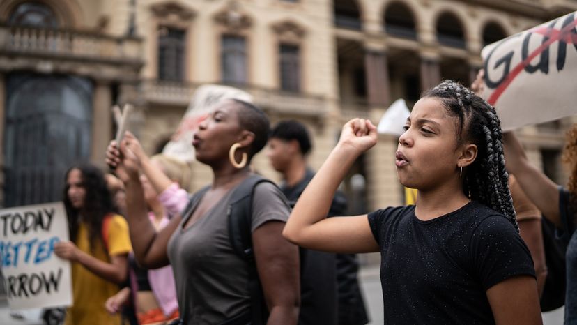 Women walking in the street during a demonstration