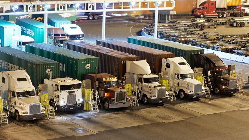 Freight trucks lined up at a safety check point