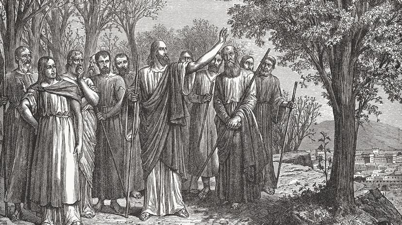 Black and white illustration of Jesus and a group of people standing among trees