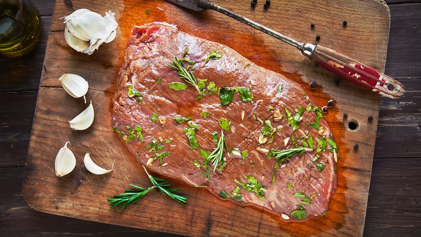 Raw marinated Flank steak