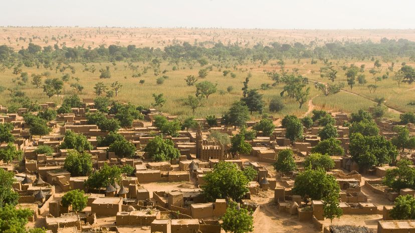Landscape view of a desert village with trees far in the distance