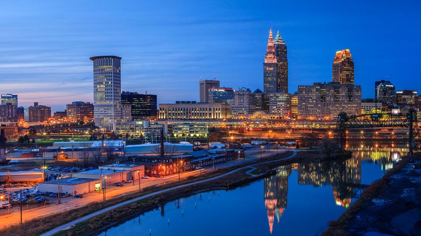 Cleveland Skyline: Key Tower and Tower City building reflecting in Cuyahoga River