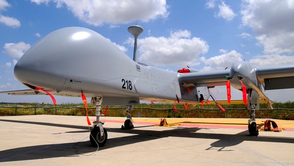 Israeli Air Force Heron TP Unmanned Aerial Vehicle (UAV) for reconnaissance, Tel Nof Air Base, Israel.