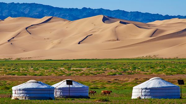 Yurts on patchy grass with sand dunes and desert mountains in the background